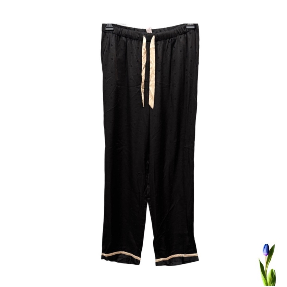 Victoria's Secret Pants Pajama Satin Long Black polka dots with Trim